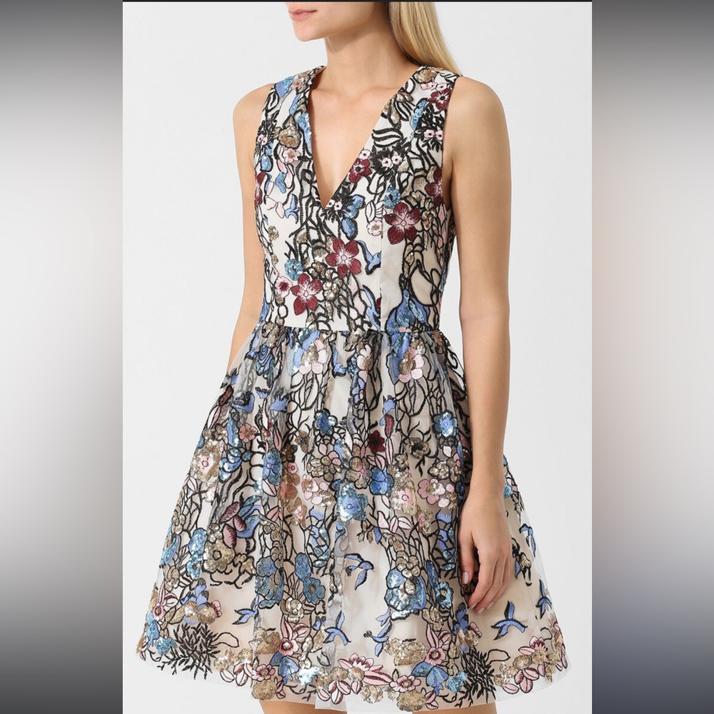 Alice + Olivia Multicolor Embroidered Cocktail Dress with Sequins